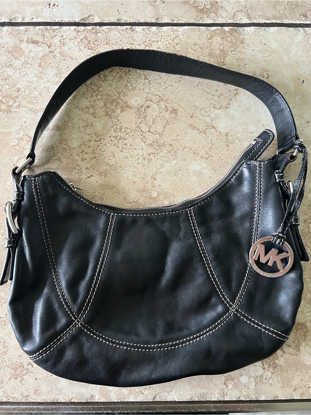 Michael Kors Black Leather Shoulder Bag with MK Charm